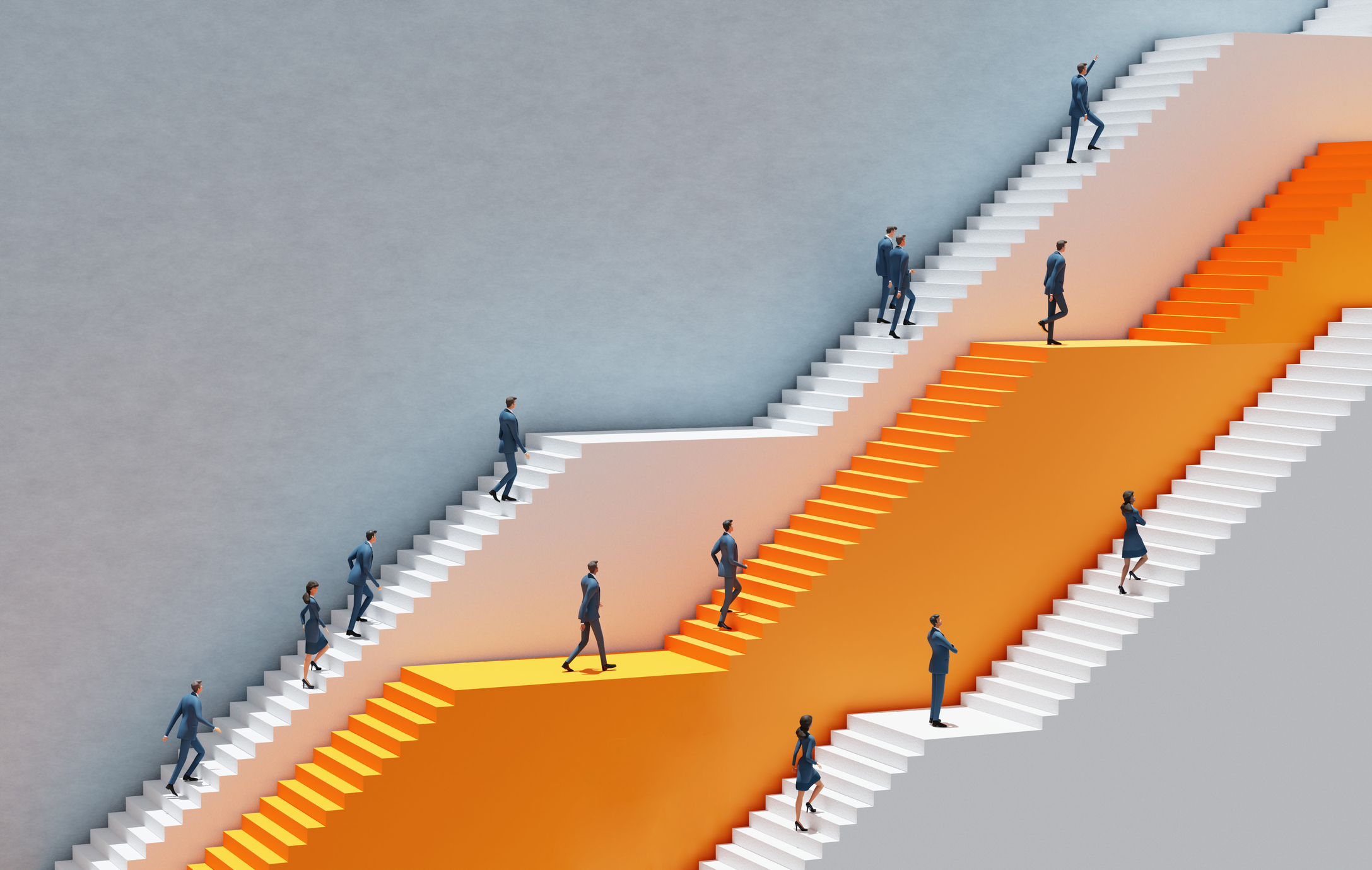 Business people are walking up, massive stairs represents career, professional journey and experience. Abstract environment with stairs and lots of business people, 3D rendering
